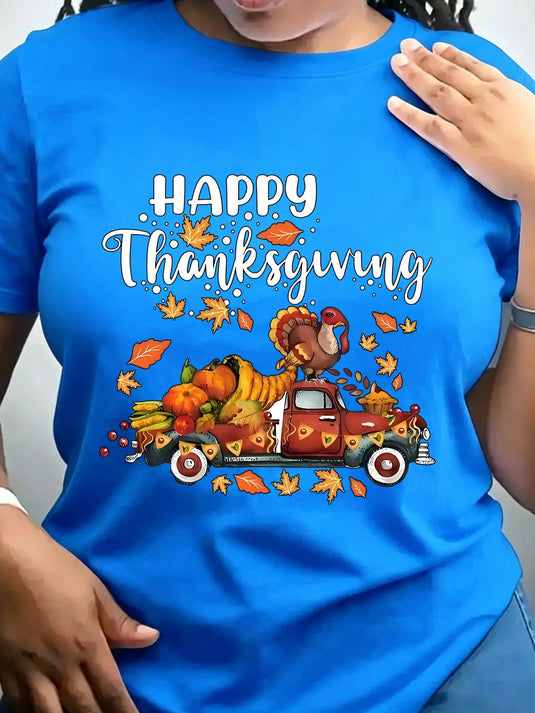 Women's Trendy Crew Neck T-Shirt Happy Thanksgiving Truck Design Suitable for Casual Sportswear