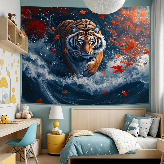 Epic Tiger Ocean Wave Tapestry Wall Decor Canvas Print Autumn Leaves Jungle Art Large Size Home Decoration 150x300cm