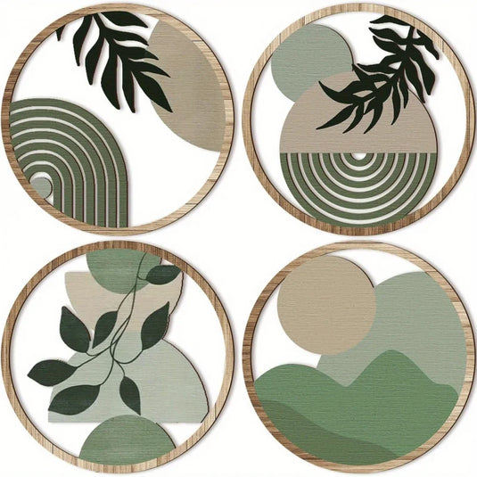 4-Piece Bohemian Wooden Wall Art Set, Minimalist Geometric Boho Wall Decor for Nursery