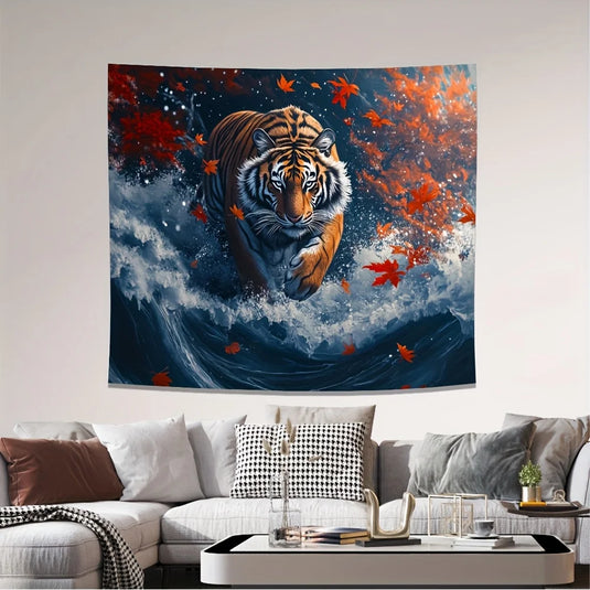 Epic Tiger Ocean Wave Tapestry Wall Decor Canvas Print Autumn Leaves Jungle Art Large Size Home Decoration 150x300cm