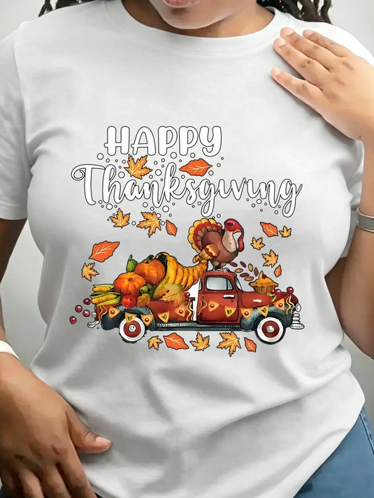 Women's Trendy Crew Neck T-Shirt Happy Thanksgiving Truck Design Suitable for Casual Sportswear