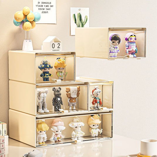 Desktop Storage Box with Drawers, Stackable Organizer & Display Case for Collectibles