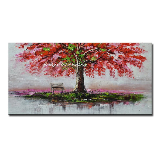 Large Hand-Painted Palette Knife Tree Oil Painting on Canvas, Modern Abstract Landscape Wall Art