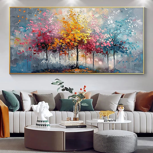 Large Hand-Painted Palette Knife Tree Oil Painting on Canvas, Modern Abstract Landscape Wall Art