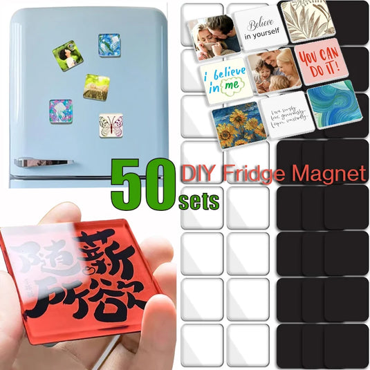 4~50Set DIY Fridge Magnet Craft Set Square Clear Acrylic Magnetic Set with Adhesive DIY Family Gifts for Home Kitchen Decoration