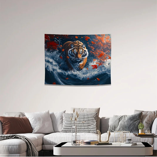 Epic Tiger Ocean Wave Tapestry Wall Decor Canvas Print Autumn Leaves Jungle Art Large Size Home Decoration 150x300cm