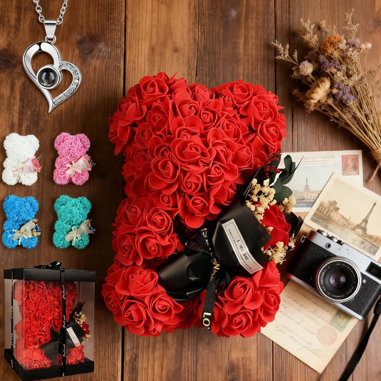 Valentines Gifts for Women,Rose Bear Birthday Mother's Day Valentine's Gifts for Her, Rose Teddy Bear with I Love You Necklace