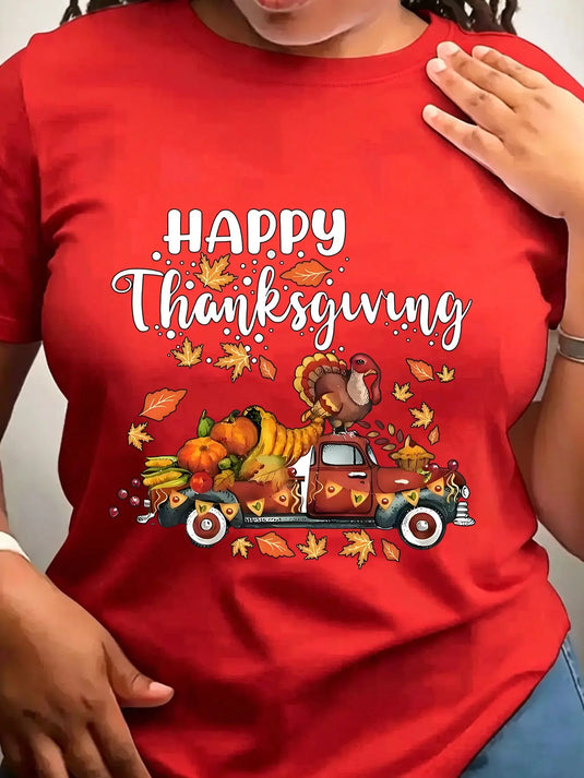 Women's Trendy Crew Neck T-Shirt Happy Thanksgiving Truck Design Suitable for Casual Sportswear