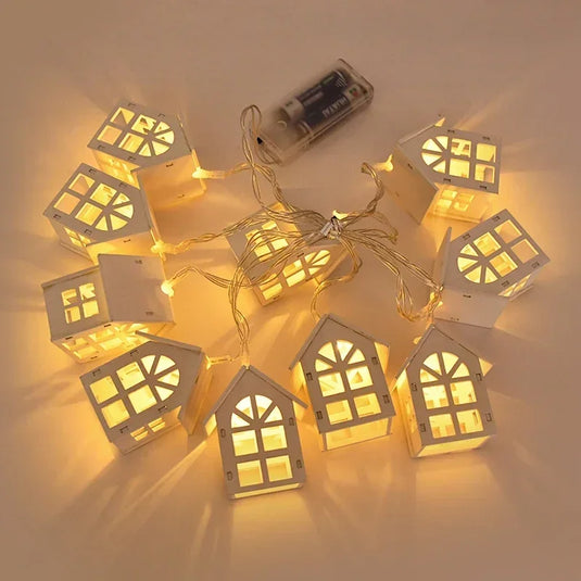 10LED 2M Christmas Wooden House LED Fairy Light String Home Hanging Garland Xmas Tree Ornaments Decoration Lamp 2025 New Year
