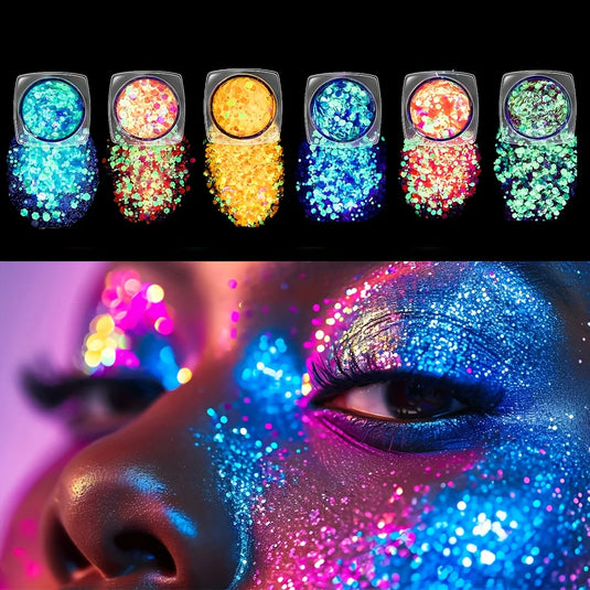6pcs Glow in The Dark Glitter Gel Water-Based Chunky Glitter for Mardi Gras Christmas Carnival Rave Festival Outfits