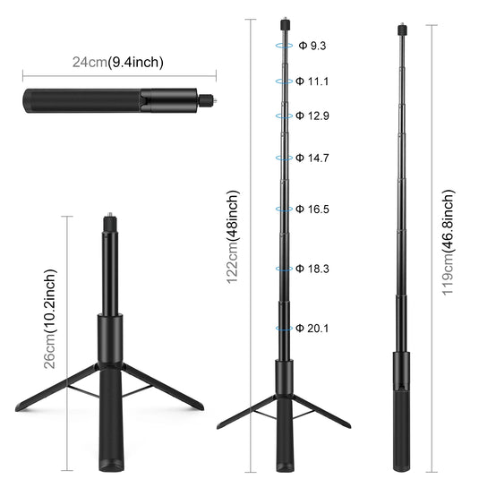 PULUZ 1.22m Retractable Invisible Selfie Stick with Tripod For Insta360 X5 X4 / X4 Air / X3 Panoramic Action Camera Accessories