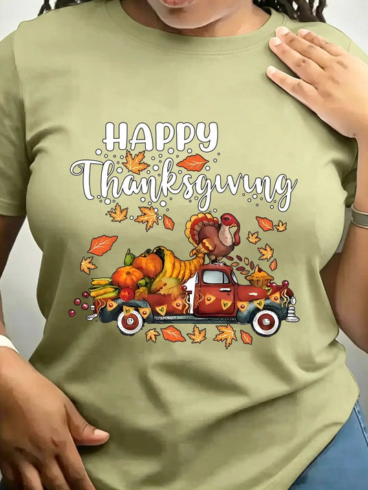 Women's Trendy Crew Neck T-Shirt Happy Thanksgiving Truck Design Suitable for Casual Sportswear