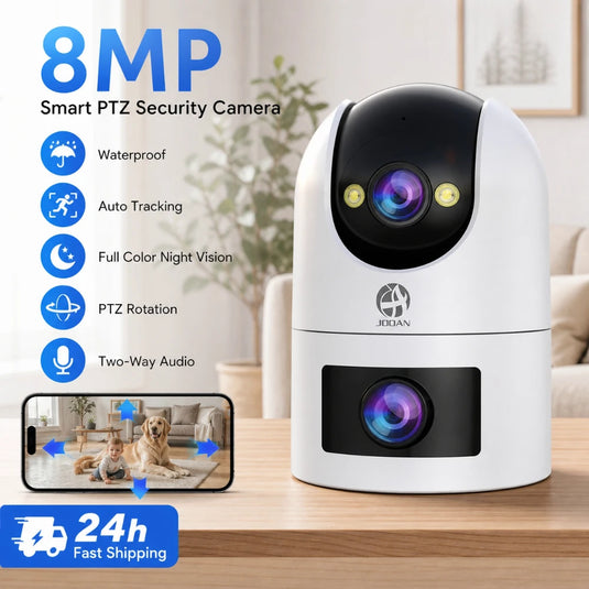 Jooan 4K 8MP Dual Lens Dual Screen IP Camera Wifi Outdoor PTZ Cameras Auto Tracking CCTV Camera Audio Video Indoor Surveillance