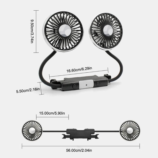 SEAMETAL Dual Head Car USB Fan | 3-Speed Rear Seat Fan